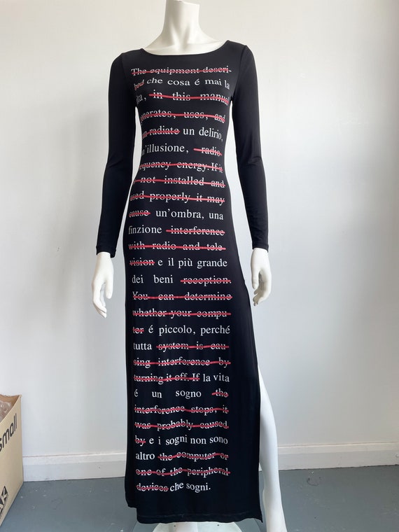 Vintage Moschino Jeans Text Print Maxi Dress, Bodycon, Black Vintage Moschino Jeans Text Print Maxi Dress, Bodycon, Black