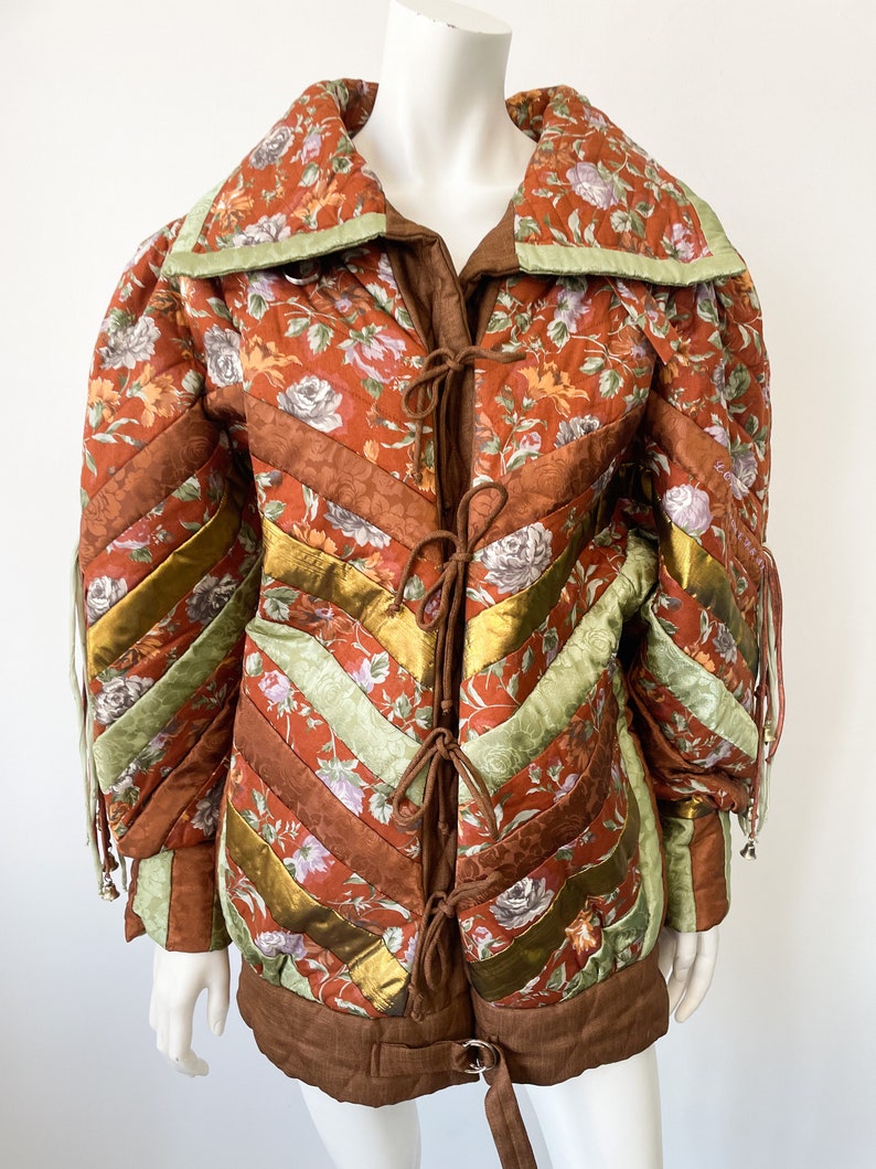 Avant Garde 80s Rich Rags Coat, Patchworked, Floral Print, Flower, Quirky, Unusual, Brown and Gold with Tassels, 1980s, One of a Kind Design image 3