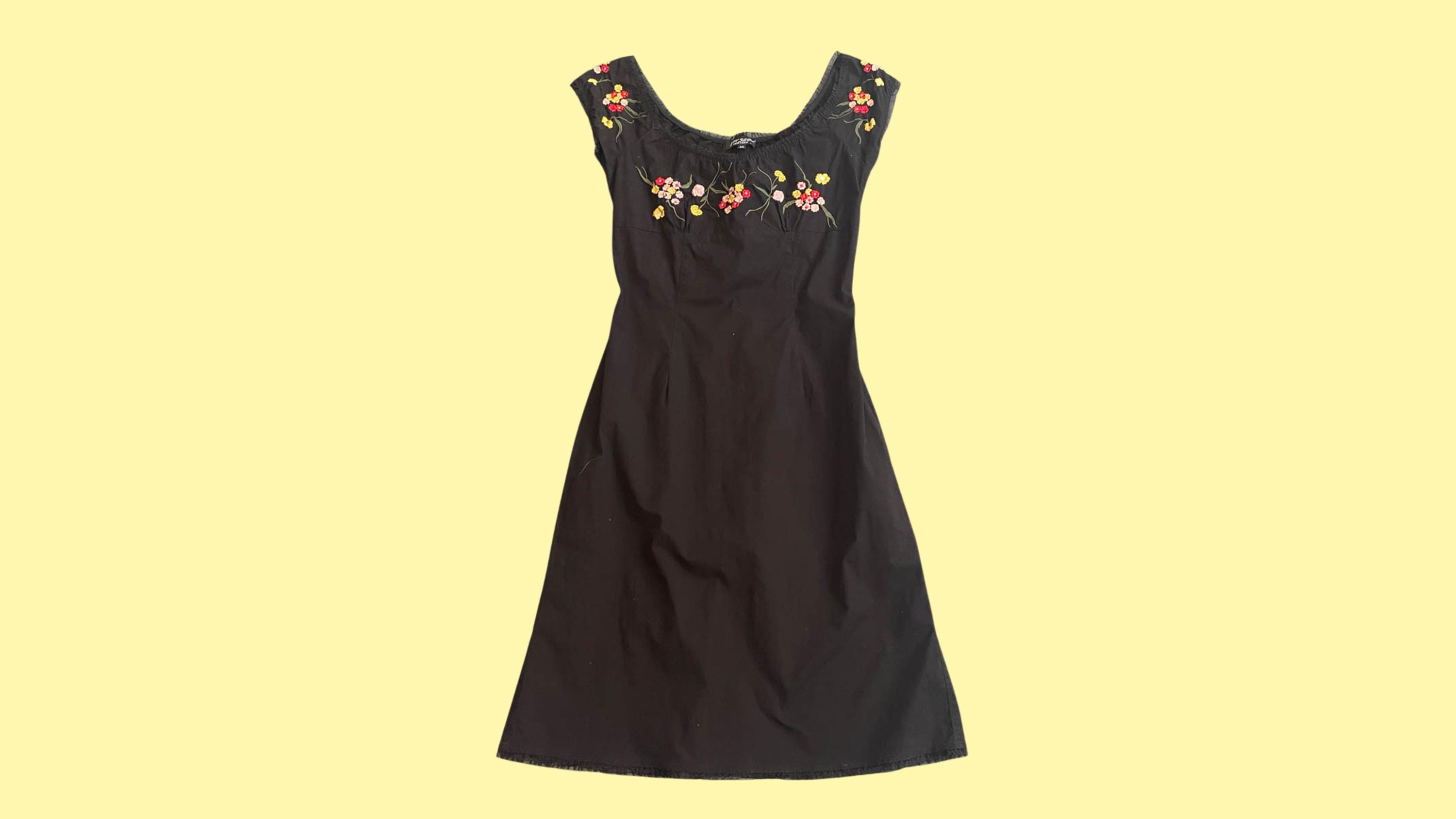 90s betsey johnson dress Vintage Black Cotton Milkmaid | Floral Embroidered Neckline | Cap Sleeve | A-Line Color:Pink/Brown haute couture a line dress with