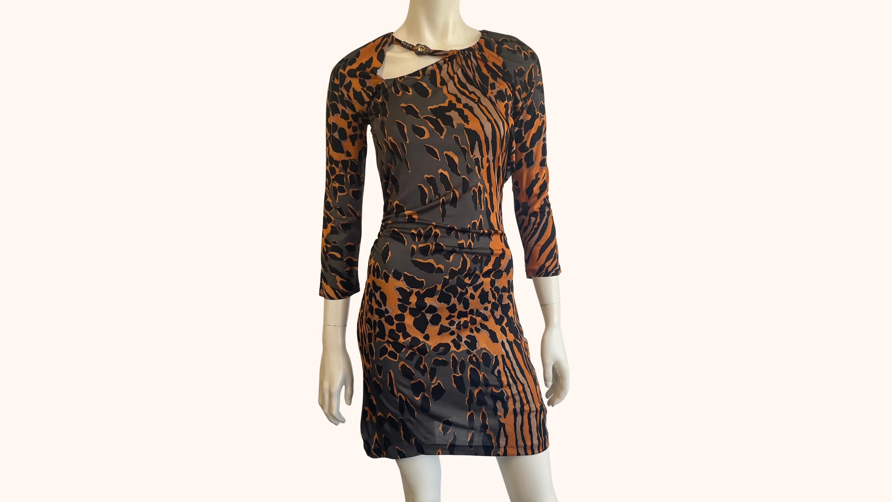 roberto cavalli アニマル柄 ノースリーブワンピース Y2K Roberto Cavalli Animal Print Jersey Dress – Panther Head Jewel