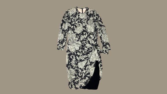 Balmain, Vintage 1980s Pierre Balmain Silk Dress | Black & Silver Floral Cocktail Dress | Designer Knee Length Evening Dress | UK 12, EU 40, US 8