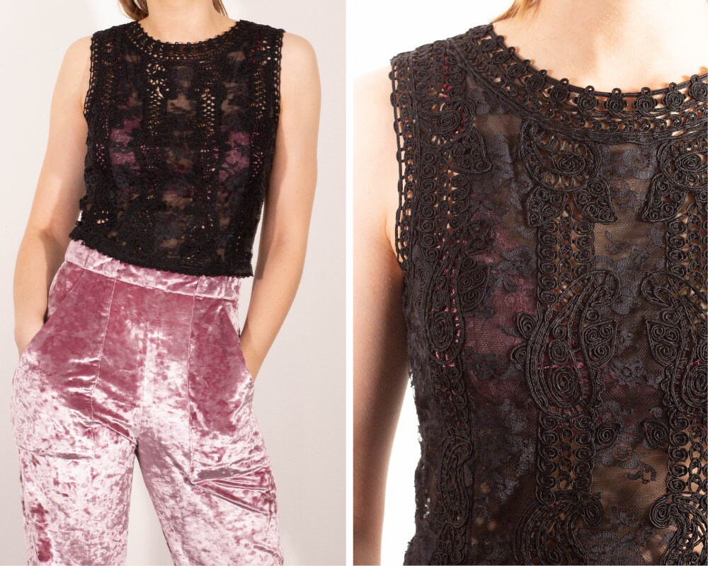 Image of Emanuel Ungaro Black Lace Top/Semi Sheer Sleeveless S S Designer Size  Eu  Small