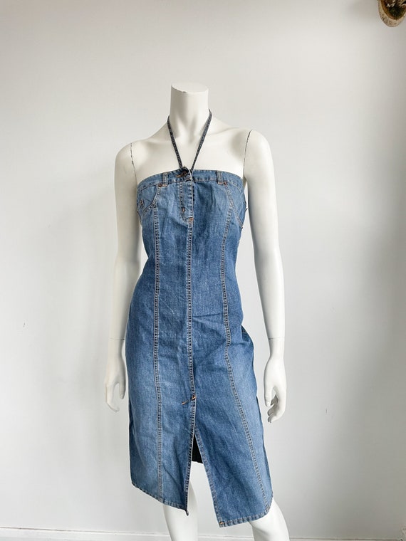 Moschino Jeans Denim Blue Wiggle Dress | 90s Halterneck Trompe L'oeil Jean Detail, Designer Vintage | UK 10–12, EU 38-40