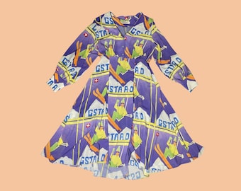 Y2K Tata Naka Ski Print Silk Dress, Novelty Gstaad Print Midi Dress, A-Line, Size 12, EU 40, US 8