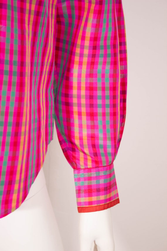 Vintage 80s Kenzo Check Blouse / Taffeta / Pink P… - image 5