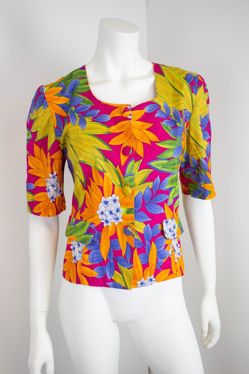 Vintage Floral Print Jacket Tropical Flower Print Lightweight Summer Jacket 1980s 80s Size 12 EU 40 Medium