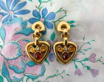 Vintage 80s Gold Clip On Earrings, Heart Shaped, Amber Coloured Stone, 1980s, Dangly Elegant Clip Ons, Signed 'SG'