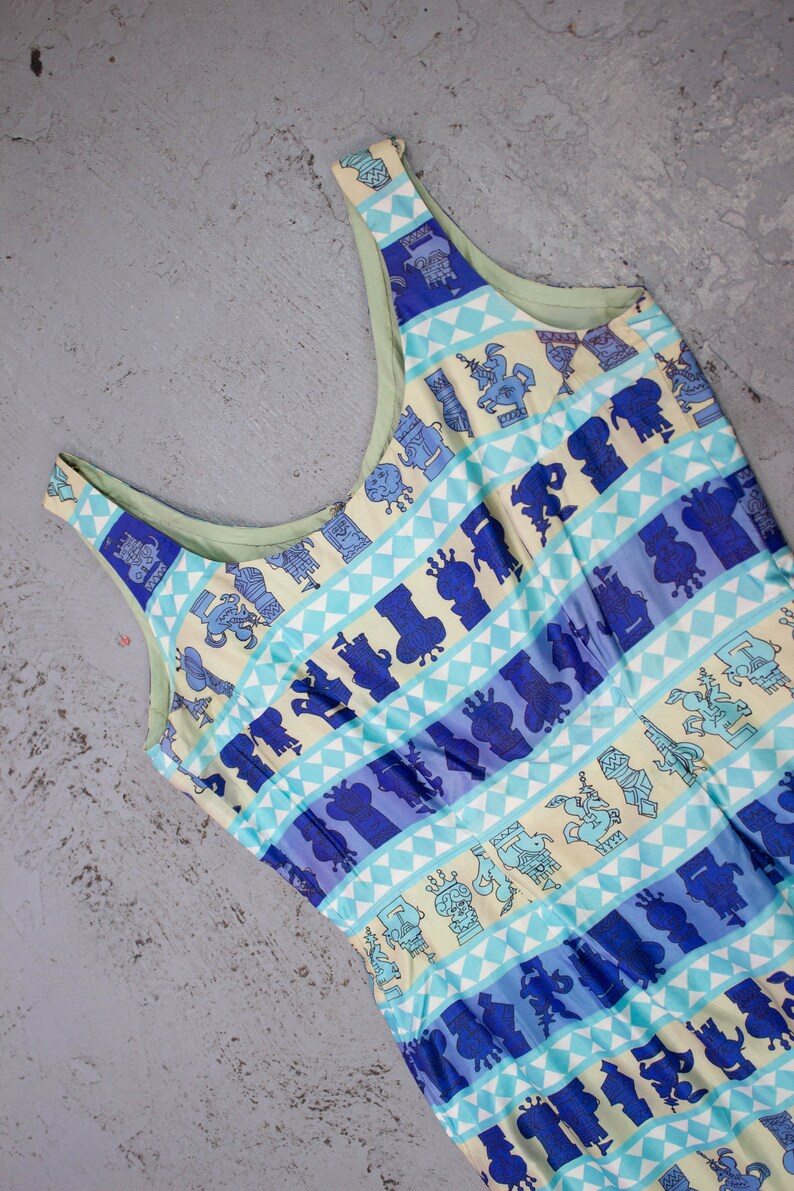 Vintage 50s Chess Print Dress Blue Novelty Print 1950s Size 14 EU 42 Plus Size Mini Dress