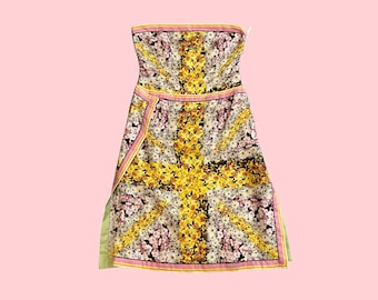 Paul Smith Blue Label 1990s Silk Floral Union Jack Dress | Floaty Strapless Designer Dress With Pockets | Vintage 90s UK 10, EU 38, US 6
