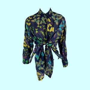 Vintage 80s Kenzo Jeans Blouse, Rainbow Butterfly Print, Collared Button Down Shirt, Lightweight Cotton Fabric, Size Small