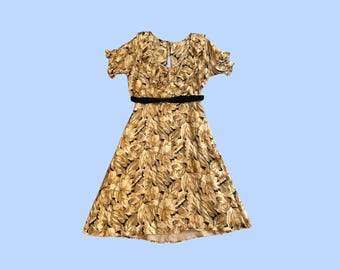 Vintage 90s Betsey Johnson Silk  Floral  Dress | Velvet Belt | Ruffle Sleeve V-Neck | Boho Chic | Beige Black Tan, Size 12 UK, EU 40, Medium