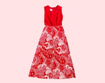 Vintage 70s Red Maxi Dress, Psychedelic Floral Print Skirt, Floor length, White Flowers, Scoop Neckline, Hippie Summer Dress, UK Size 10
