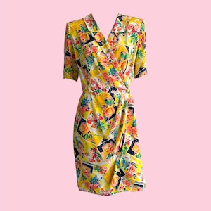 Vestido Ungaro Solo Donna vintage de los años 80, estampado floral y de postal, vestido de verano de seda pura, escote en V, manga corta, talla IT 44, Emanuel