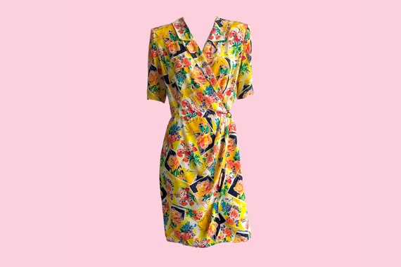 Vintage 80s Ungaro Solo Donna Dress, Postcard and Floral Print 