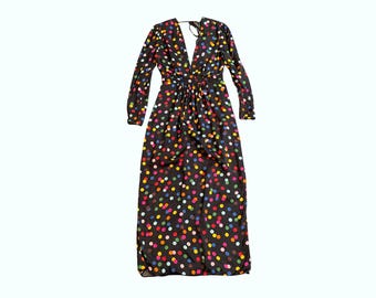 Racil Rainbow Polka Dot Maxi Dress | Black Confetti Spot V-Neck Low Back | 100% Viscose | Made in England | UK 8, EU 36, US 4
