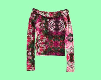 Vintage Kenzo 1990s Floral Mesh Top – Sheer Butterfly Print off