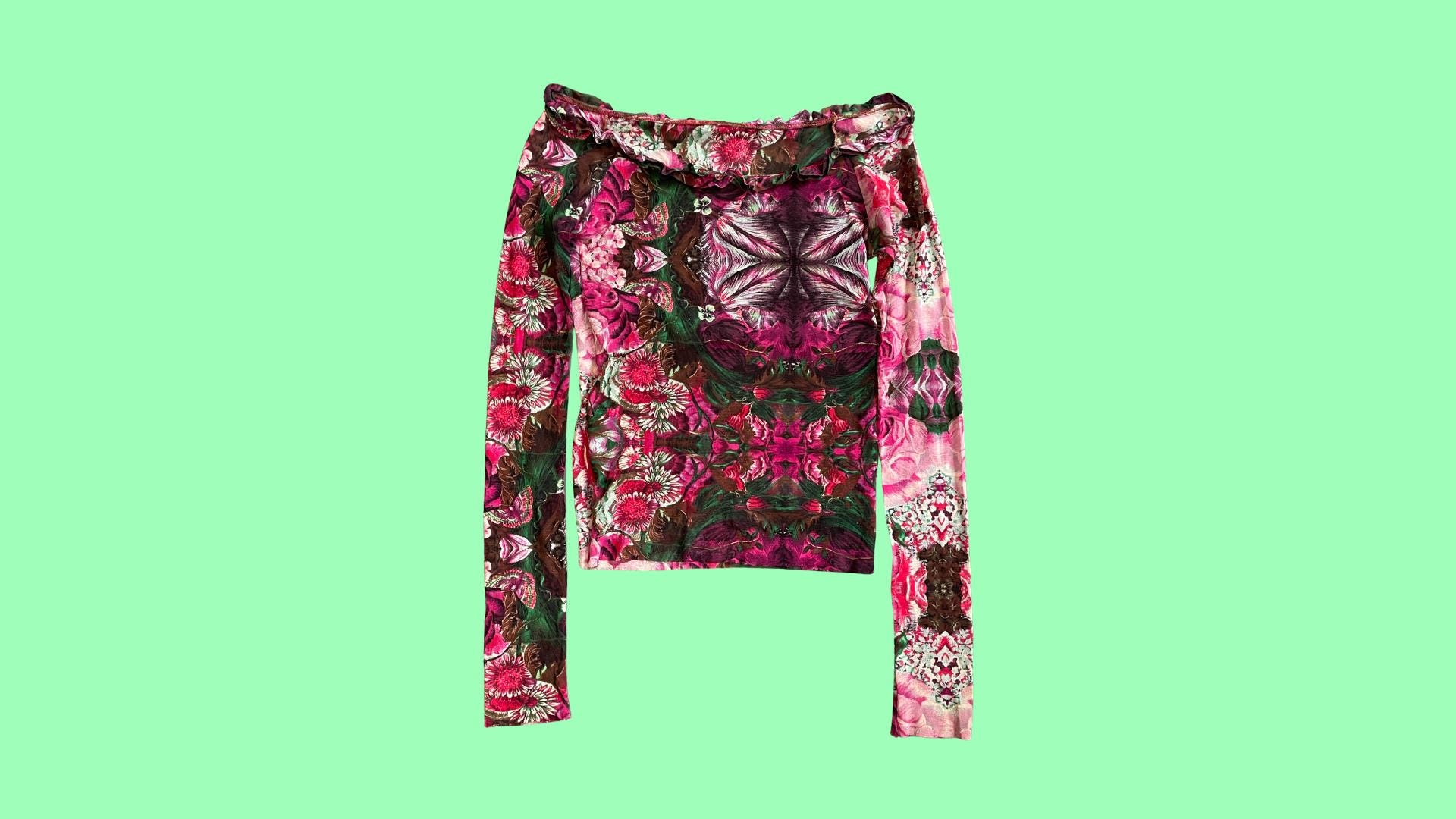 Vintage Kenzo 1990s Floral Mesh Top – Sheer Butterfly Print off