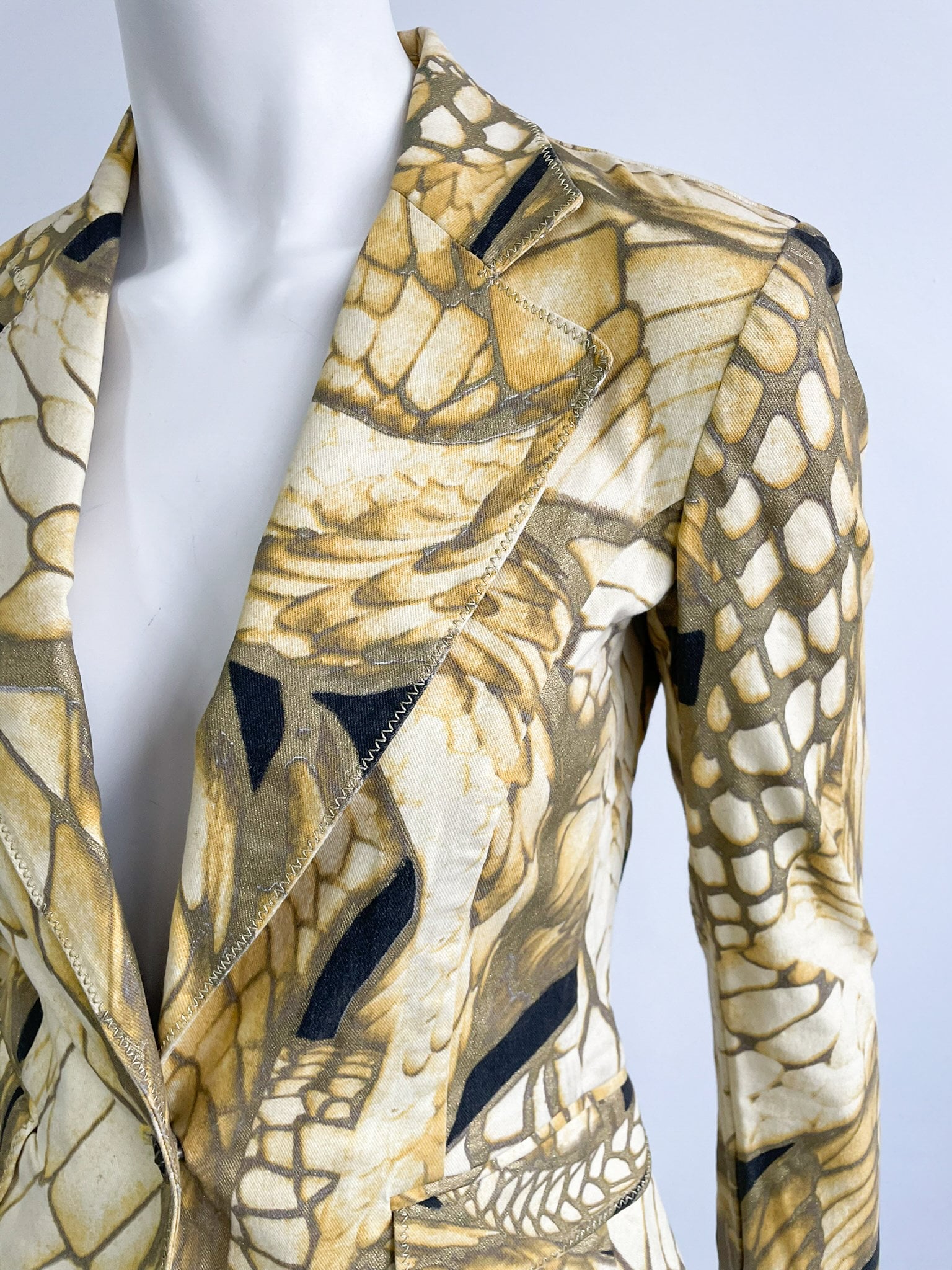 Roberto Cavalli Y2K Jacket: Gold Snakeskin Print, Stretch Denim