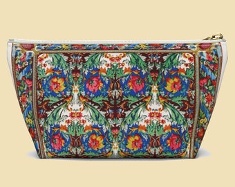 Estuche para accesorios florales con estampado barroco vintage con parte inferior en T, uso como estuche para lápices o bolsa de maquillaje, motivo floral multicolor en ambos lados