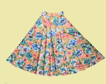 Handmade Retro Floral Print Maxi Skirt, Blue, Turquoise and Coral, A-Line, with Pockets, Floor Length, Size 10 UK, EU 38