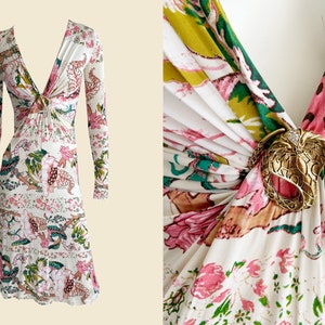 Vintage Roberto Cavalli Dress: Y2K Floral Print, Gold Cobra Detail