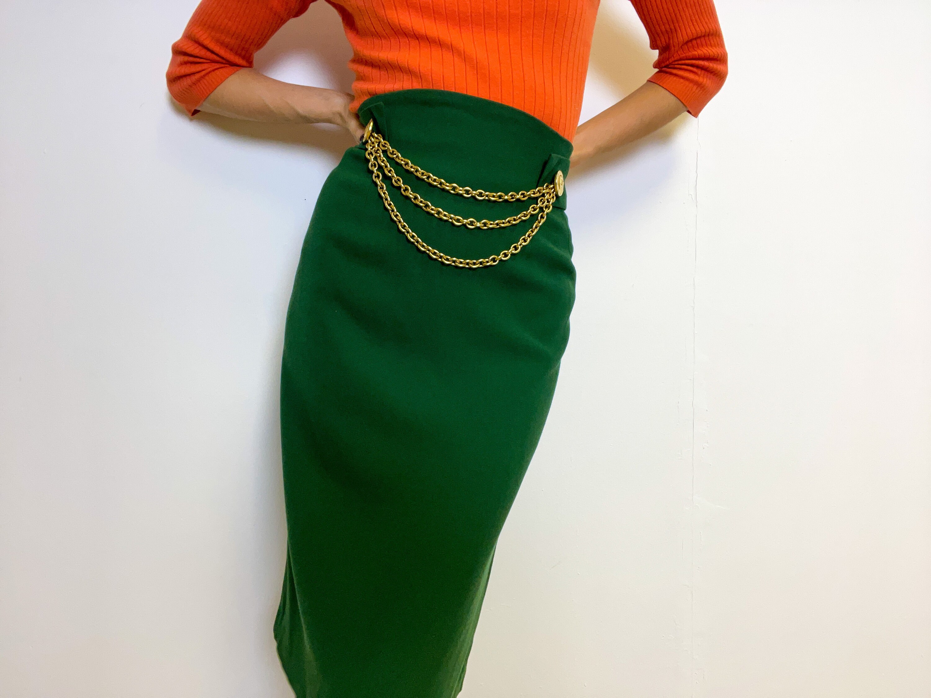 Image of Vintage Celine Wool Skirt/Bottle Green Gold Chain Detail Plus Size  Fr Uk - Extra Large