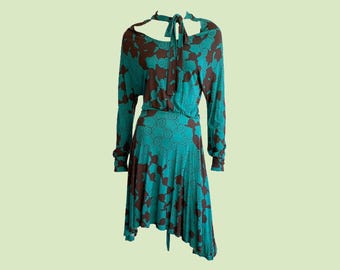 Vintage 80s Snail Print Dress: Turquoise Brown Jersey, Pussybow, Size Small