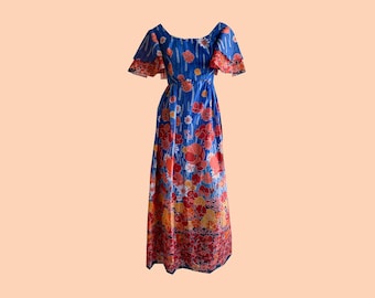 Vintage 70s Floral Maxi Dress: Red Orange Flowers, Capelet Sleeves, Size XS