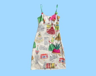 Andy Warhol by Cultura Food Print Novelty Slip Dress | Y2K Beaded Vegetable Detail | Quirky Art Dress | Designer Novelty Print, Size XS - S