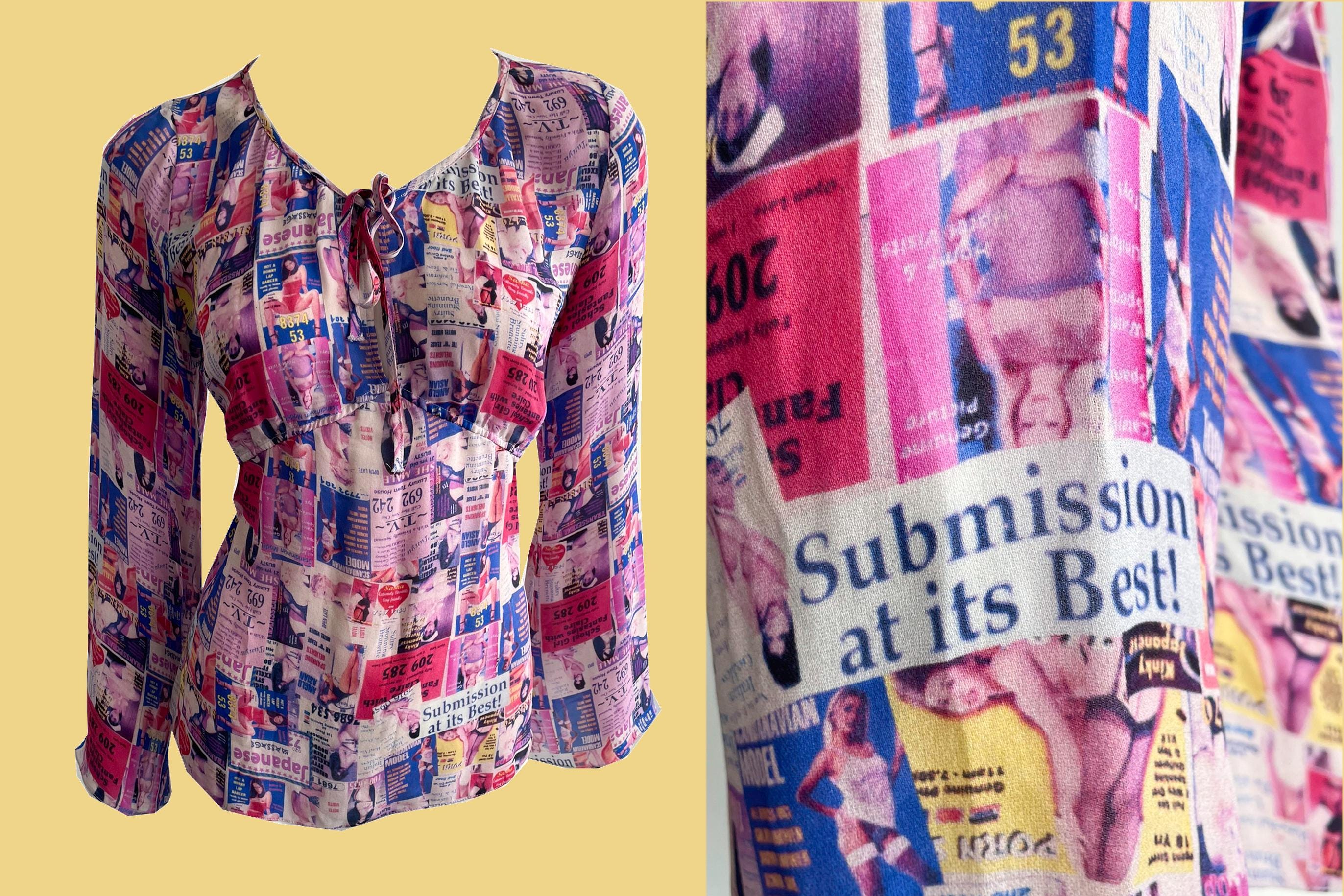 Iconic Y2K FrostFrench Silk Blouse, Call Girl Cards, Cheeky X Rated Print, Fluted Sleeves, 00s Aesthetic, Size 10 UK