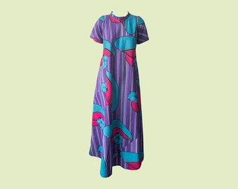 Ankara Fabric Trapeze Dress, Hat Print, Maxi Dress, Purple, Blue and Hot Pink, Cotton, African Fabric, Short Sleeved