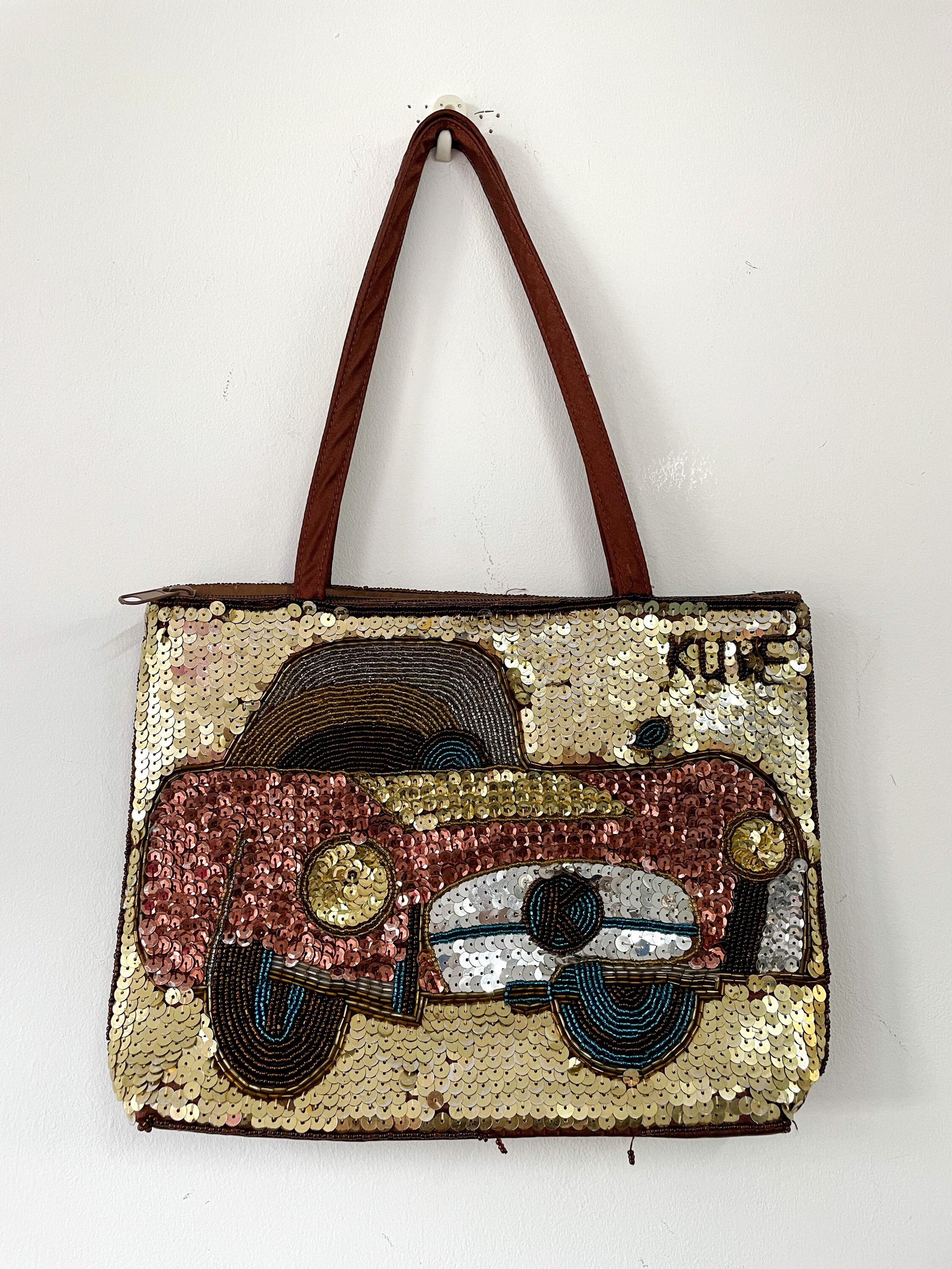 Y2K Sequinned Novelty Car Print Bag, Top Handle Purse, Brown