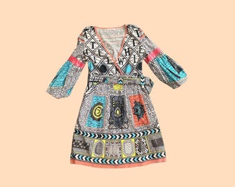 Matthew Williamson SS2008 African Wax Print Mini Dress | Summer Dress with Bell Sleeves | V-Neck | Cotton Linen | UK 10, EU 38, US 6