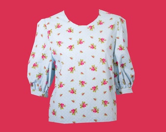 Handmade Vintage Floral Top, Puff Sleeves, Baby Blue and Pink, Flower Motif, Cotton, Size 6, EU 34, Extra Small