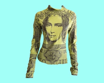 Unusual Face Print Turtle Neck Top, Lime Green and Brown, Quirky Y2K Aesthetic, Long Sleeves, Portrait, Portraiture, Artistic, Arty, Polo