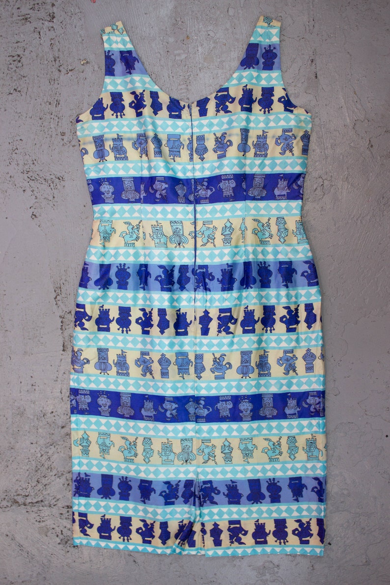 Vintage 50s Chess Print Dress Blue Novelty Print 1950s Size 14 EU 42 Plus Size Mini Dress