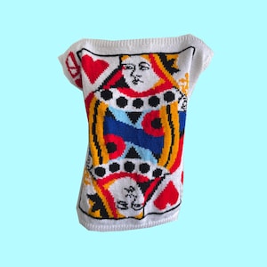 Vintage jaren 80 Queen of Hearts nieuwigheid truivest, gebaseerd op het breipatroon van Perry Ellis, speelkaartmotief, mouwloos, maat medium