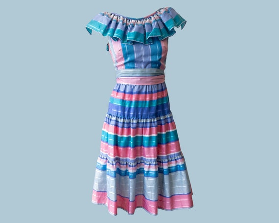 Vintage 70s Striped Dress, Stripy, Pastel Blue an… - image 1
