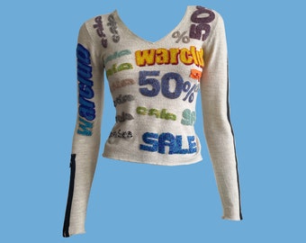 Fake London Genius Beaded Sweater, Pullover Jumper, V-Neckline, Typography, Slogan, Motto, Cashmere, Y2K, Unusual, 2000s