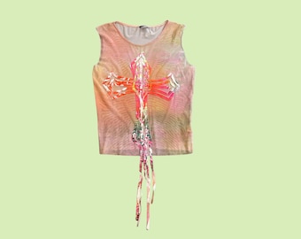 Vintage Y2K Cultura Mesh Cross Appliqué Top | Sheer Ombre | Rave Festival | Sleeveless | Crucifix Motif, Size Small, UK 8-10