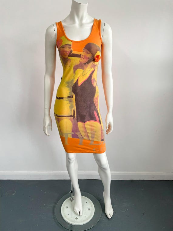 90s Moschino Jeans Dress, Flapper Girls Print, Orange