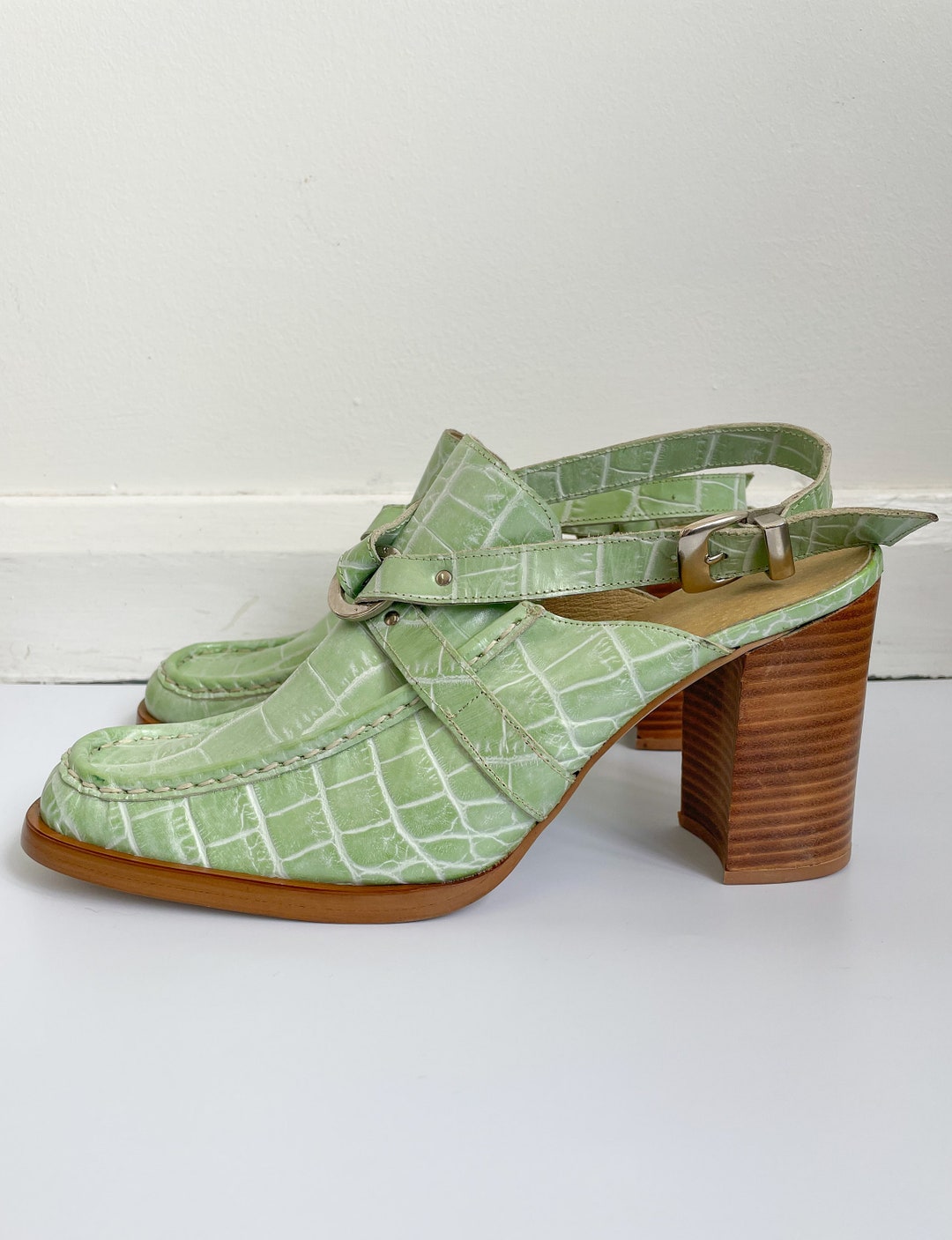 Shellys London Mint Green Mules, Wood Heels, Size 41, UK 8 but Runs