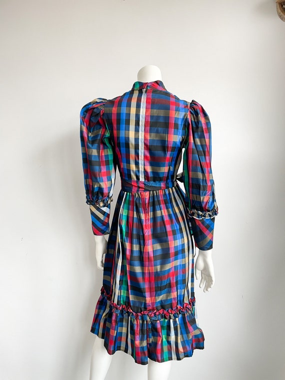 Vintage 70s Taffeta Dress, Mutlcolour Plaid, Chec… - image 6