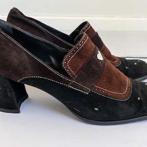 Vintage 80s Moschino Suede Loafers, Heeled, Brown and Black, Heart Detail, Size 7 IUK, EU 40, US 10, 1980s