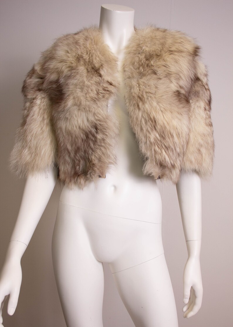 Vintage Cropped Fur Jacket 1970s 70s Fox Fur Leather White Size 12 EU 40 Medium