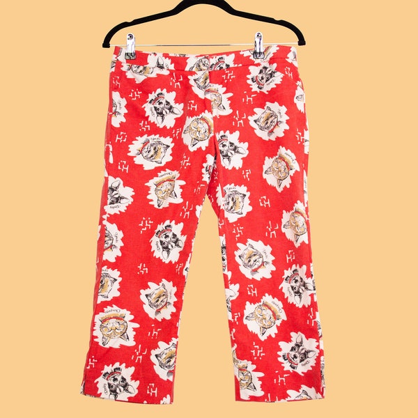 pantalon imprimé Manoush vintage des années 90, capris 3/4 longueur, taille haute, motif de chat et de chien de nouveauté rouge, taille UK 12, EU 40, taille moyenne