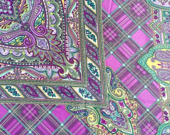 80s Paisley Print Codello Scarf, Tartan, Purple, Green and Bright Yellow, Large Silk Square Scarf