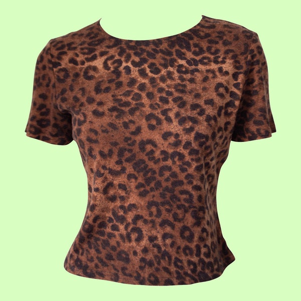 Y2K Fuzzy Leopard Print Top, Animal Print, Short Sleeved Tee, T-Shirt, 1990s, 90s