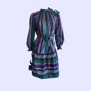 Vintage 70s Stripy Day Dress, Turquoise, Purple and Aqua Blue, Striped, Waist Belt and Neckline Detail, 1970s, A-Line Skirt, Knee Length