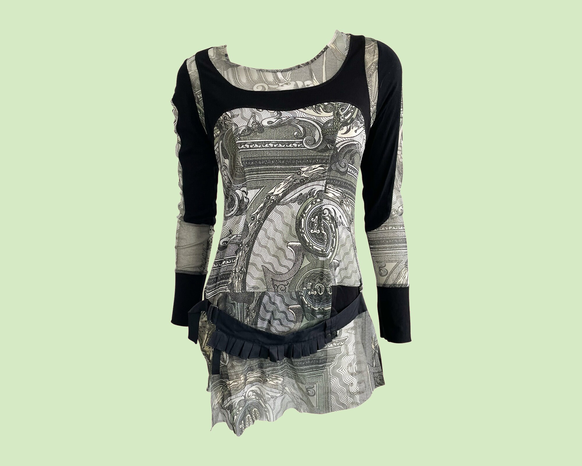 Y2K Mesh Money Print Top, Long Sleeved, Fitted, Mesh, Y2K, Green, Grey and Black, 2000s, 00s, Noughties, Scoop Neckline